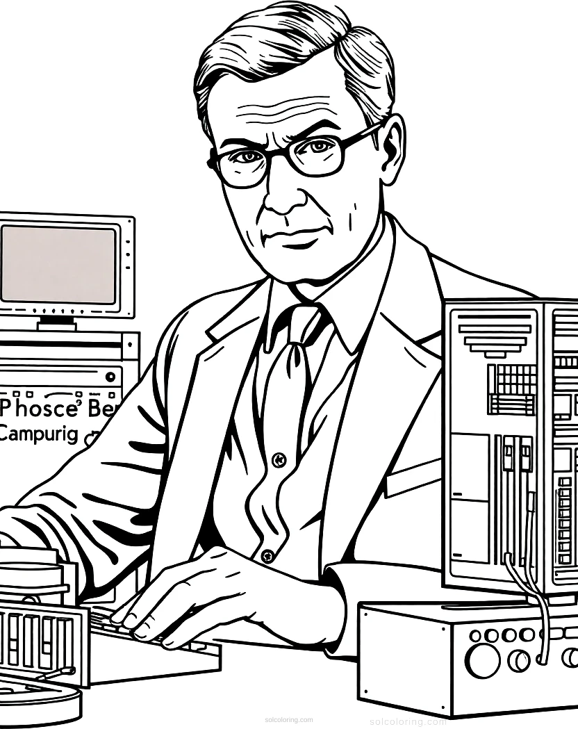 Alan Turing with Early Computer coloring page for kids