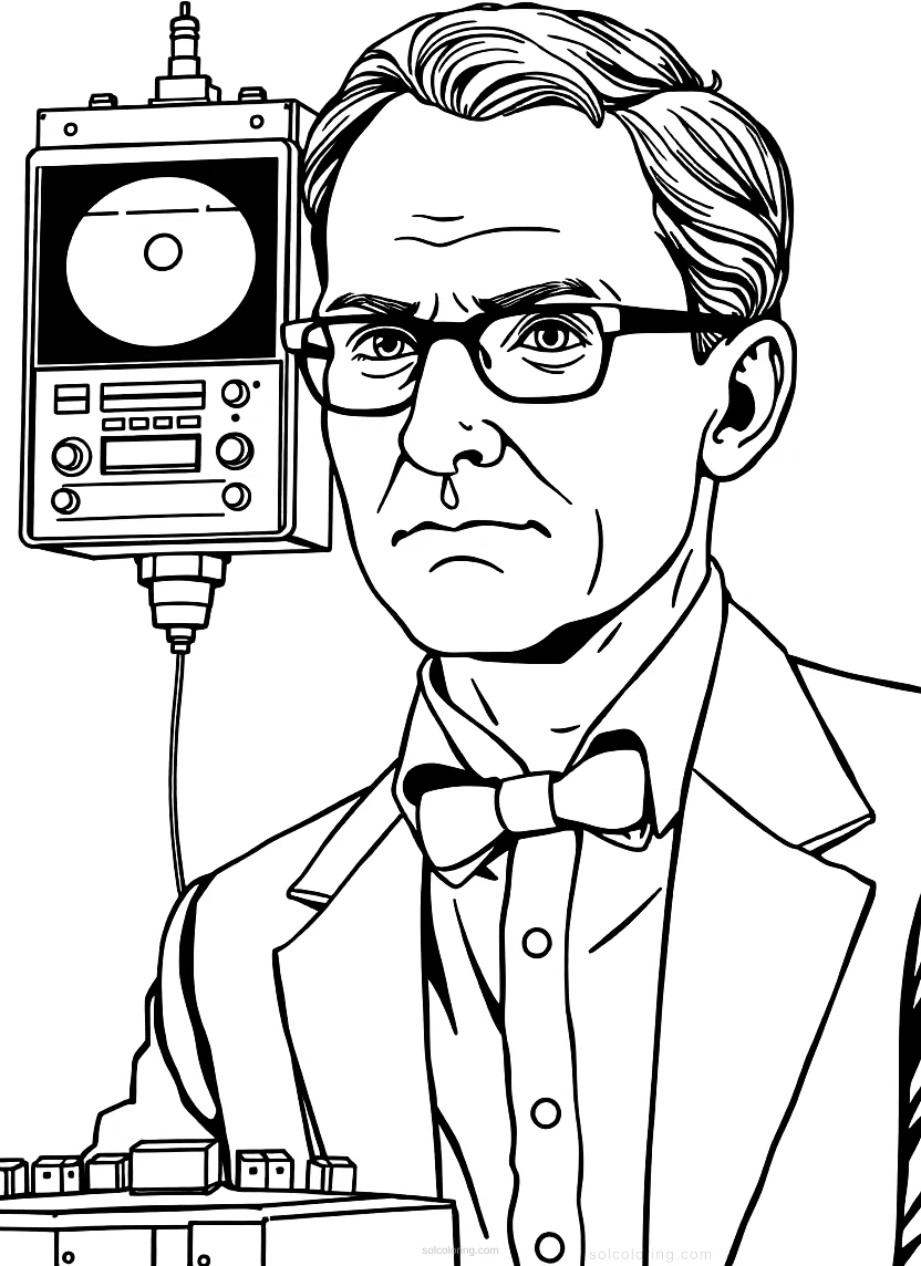 Alan Turing with Early Computer coloring page for kids