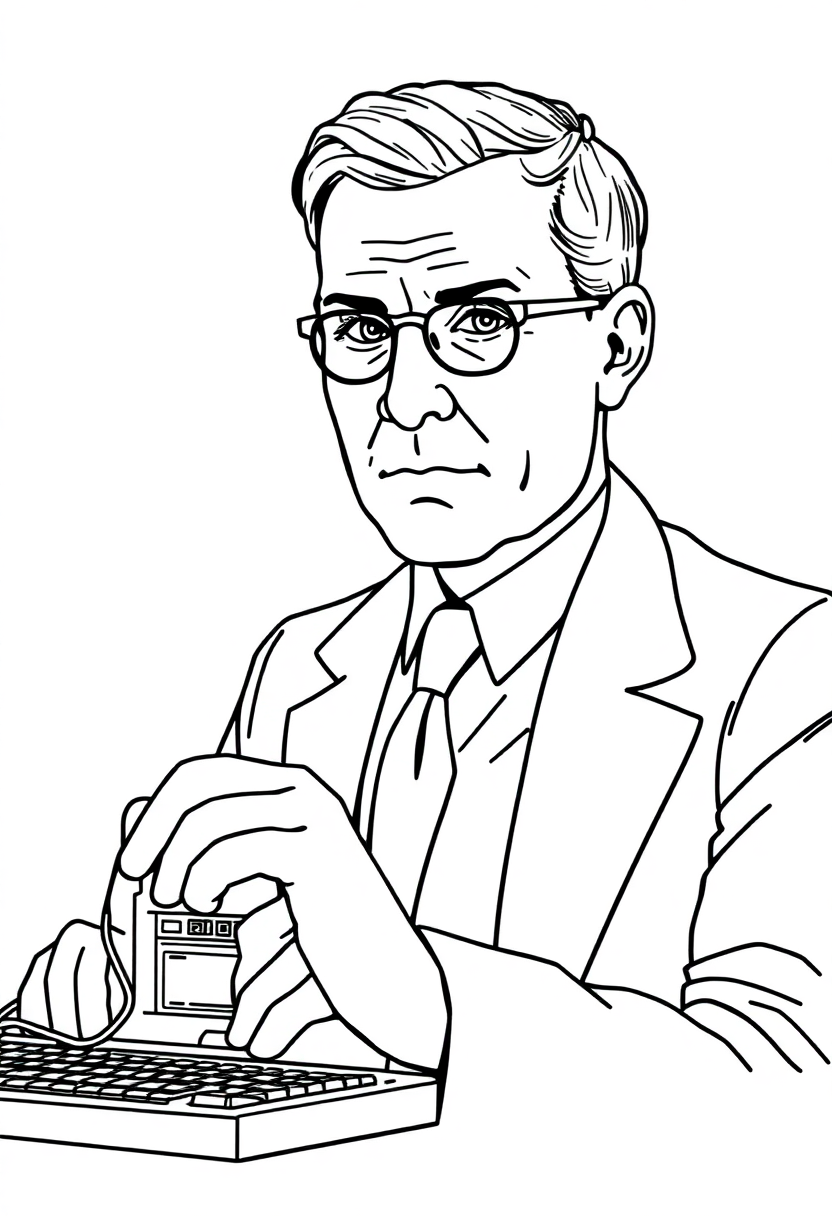 Alan Turing with Early Computer coloring page, free printable
