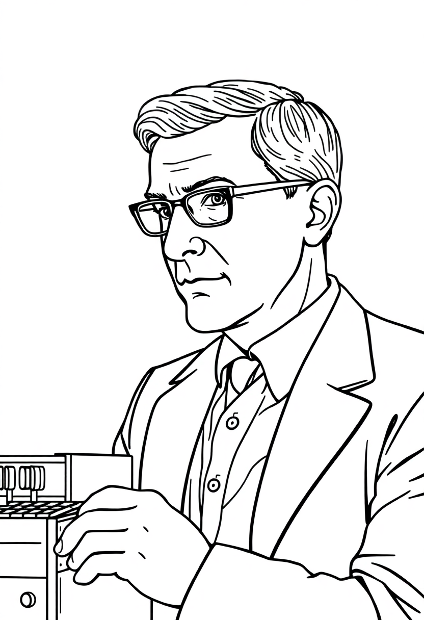 Alan Turing with Early Computer coloring page, free printable