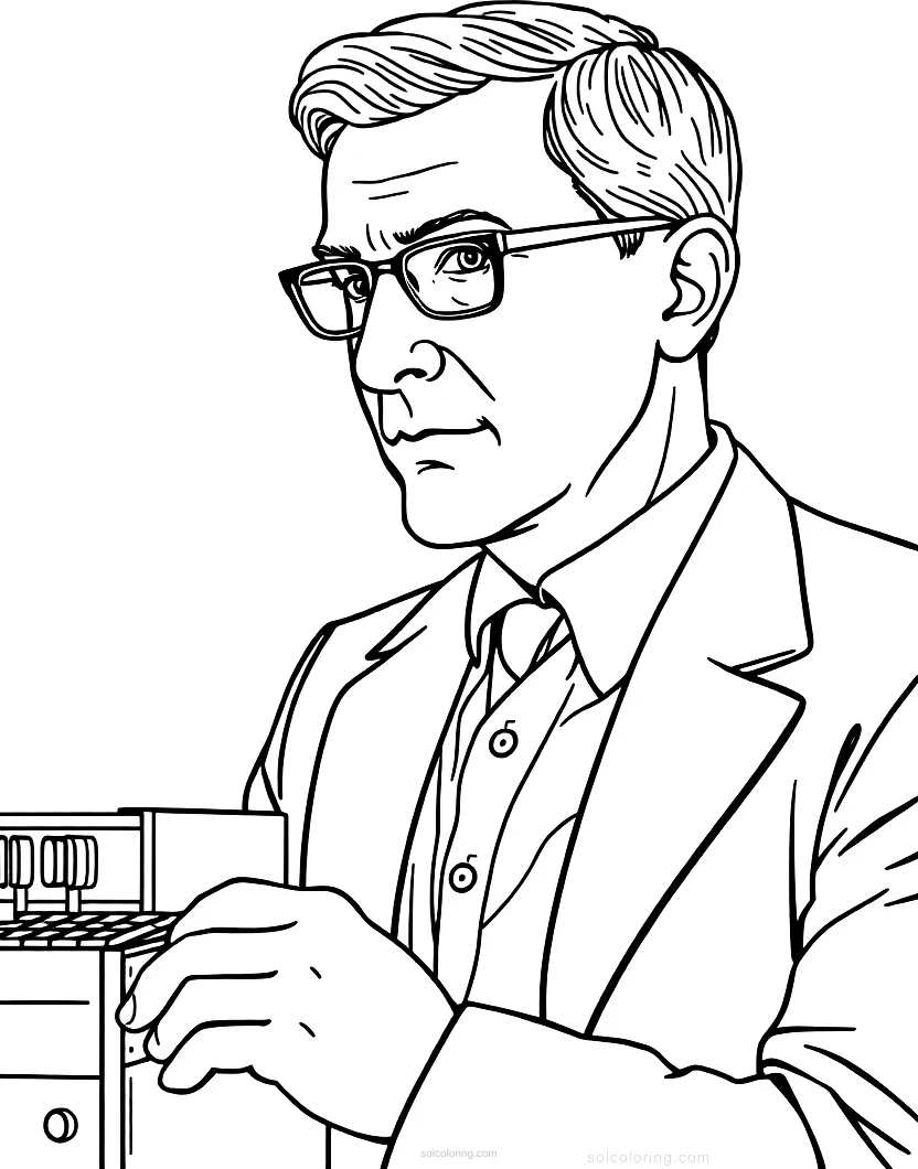 Alan Turing with Early Computer coloring page for kids