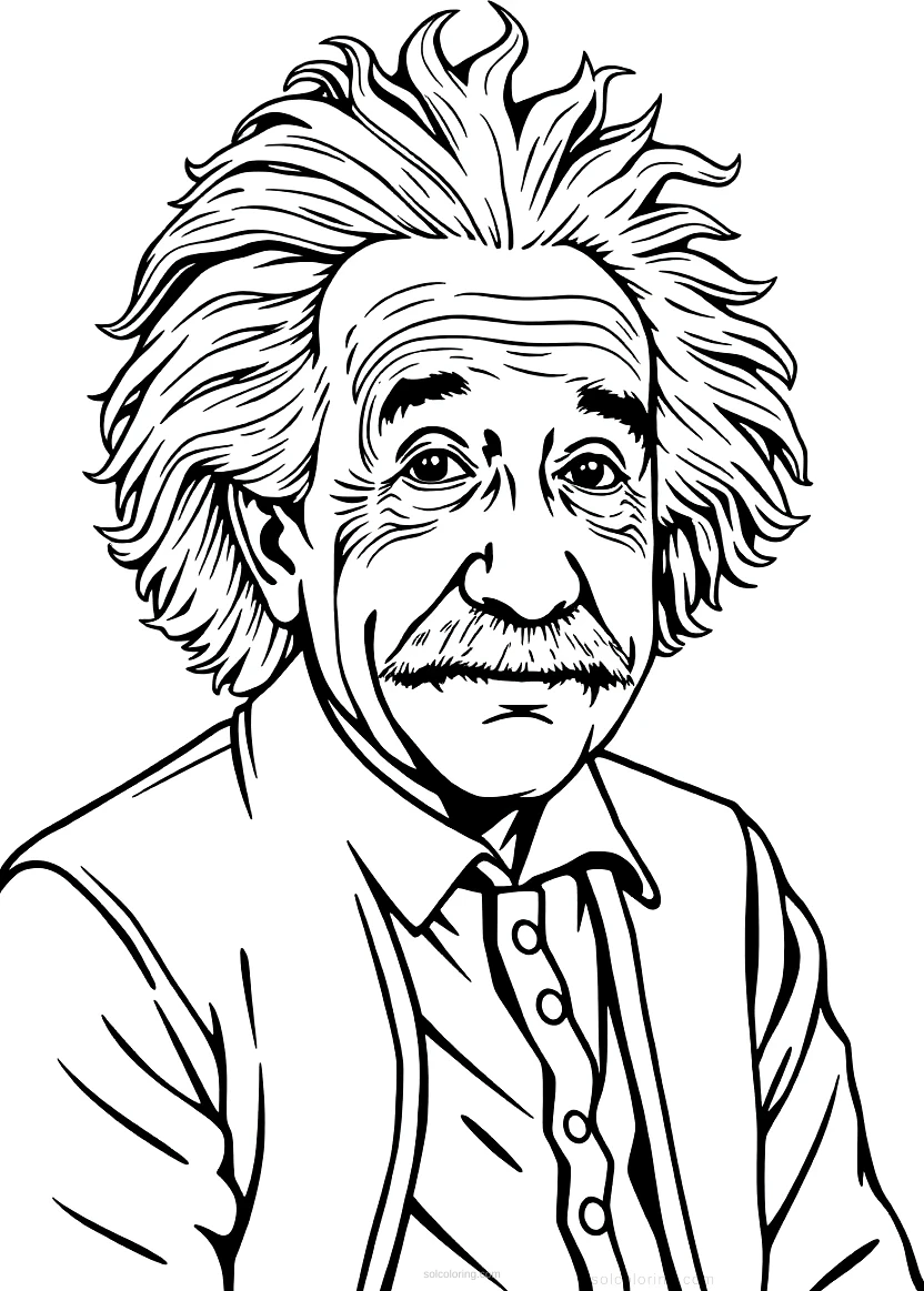 Albert Einstein with Wild Hair and Chalkboard coloring page for kids