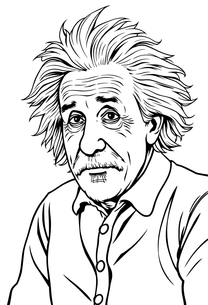 Albert Einstein with Wild Hair and Chalkboard coloring page, free printable