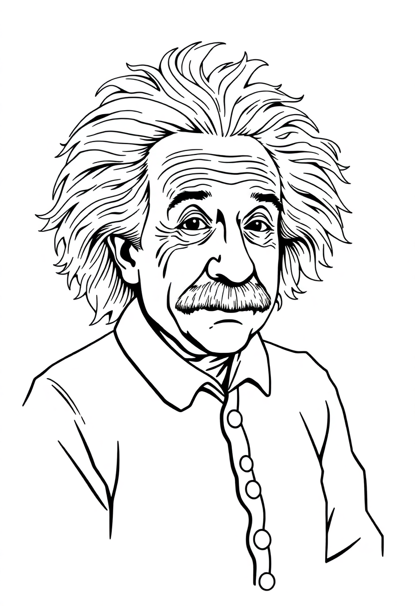 Albert Einstein coloring page showing the scientist with wild hair standing next to a chalkboard with equations