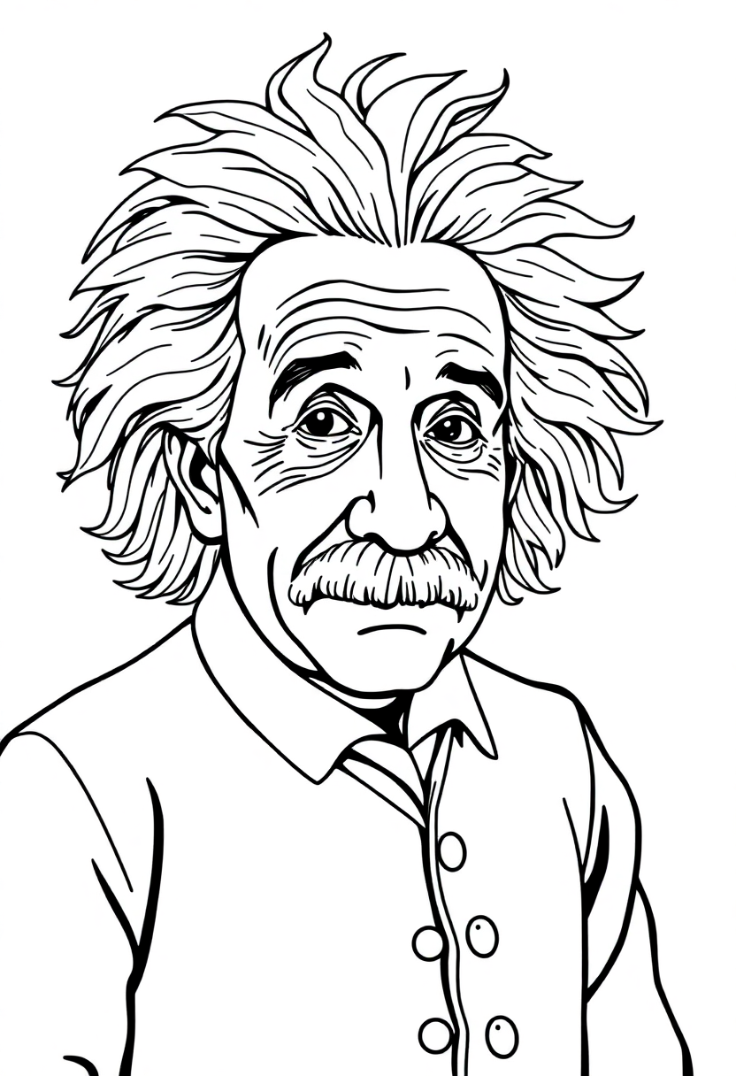 Albert Einstein with Wild Hair and Chalkboard coloring page, free printable