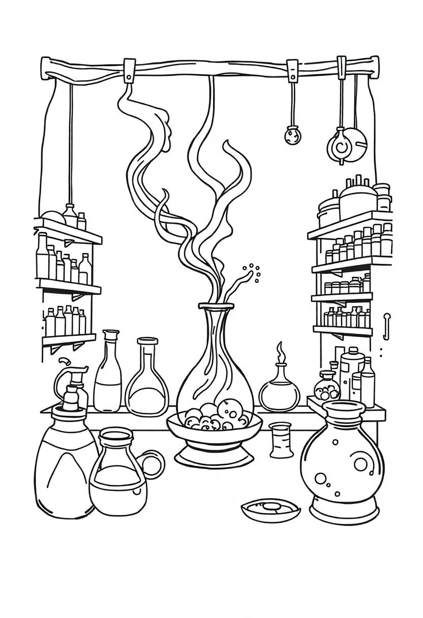 Alchemy Laboratory Scene coloring page for kids