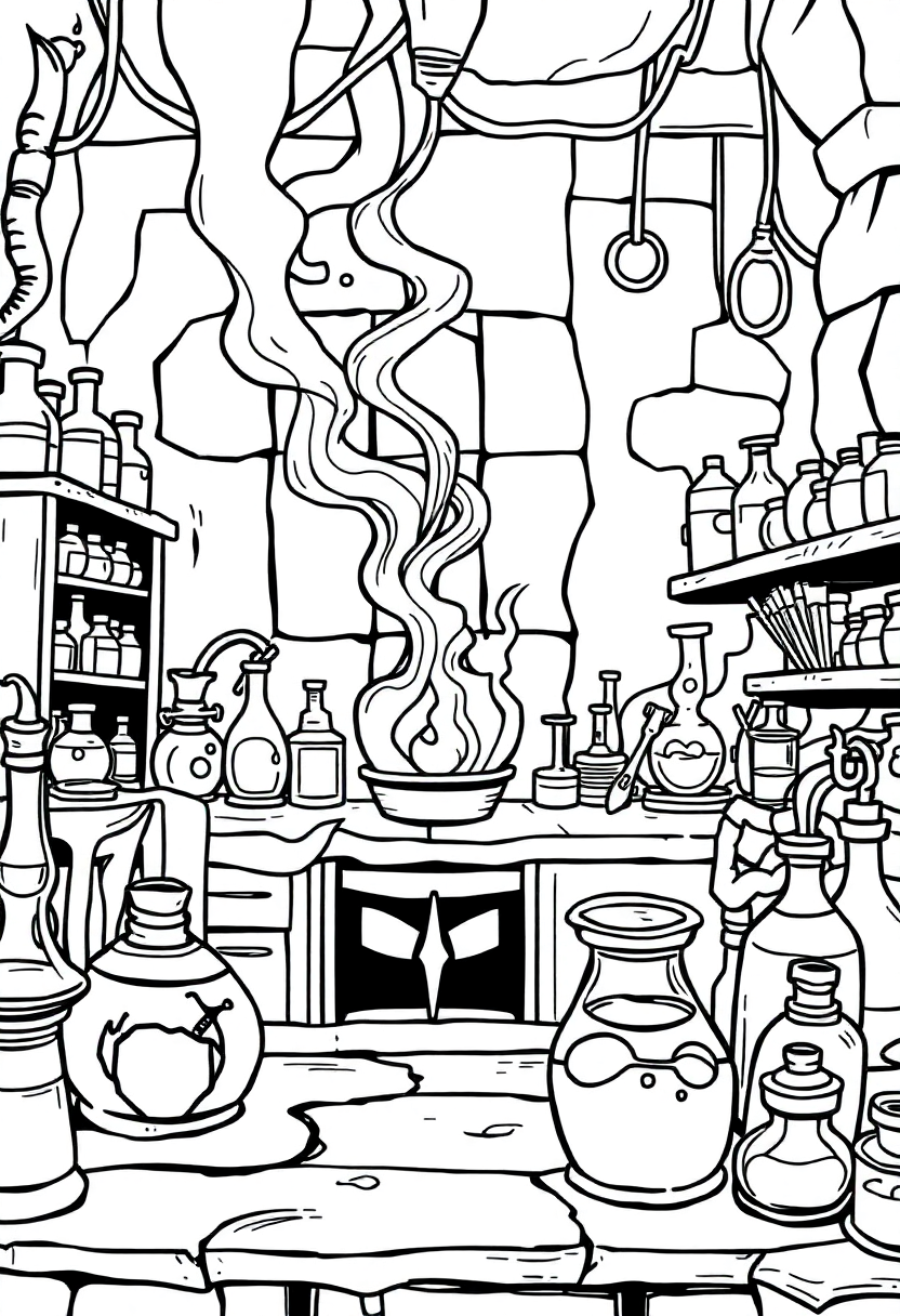 Alchemy Laboratory Scene coloring page for kids