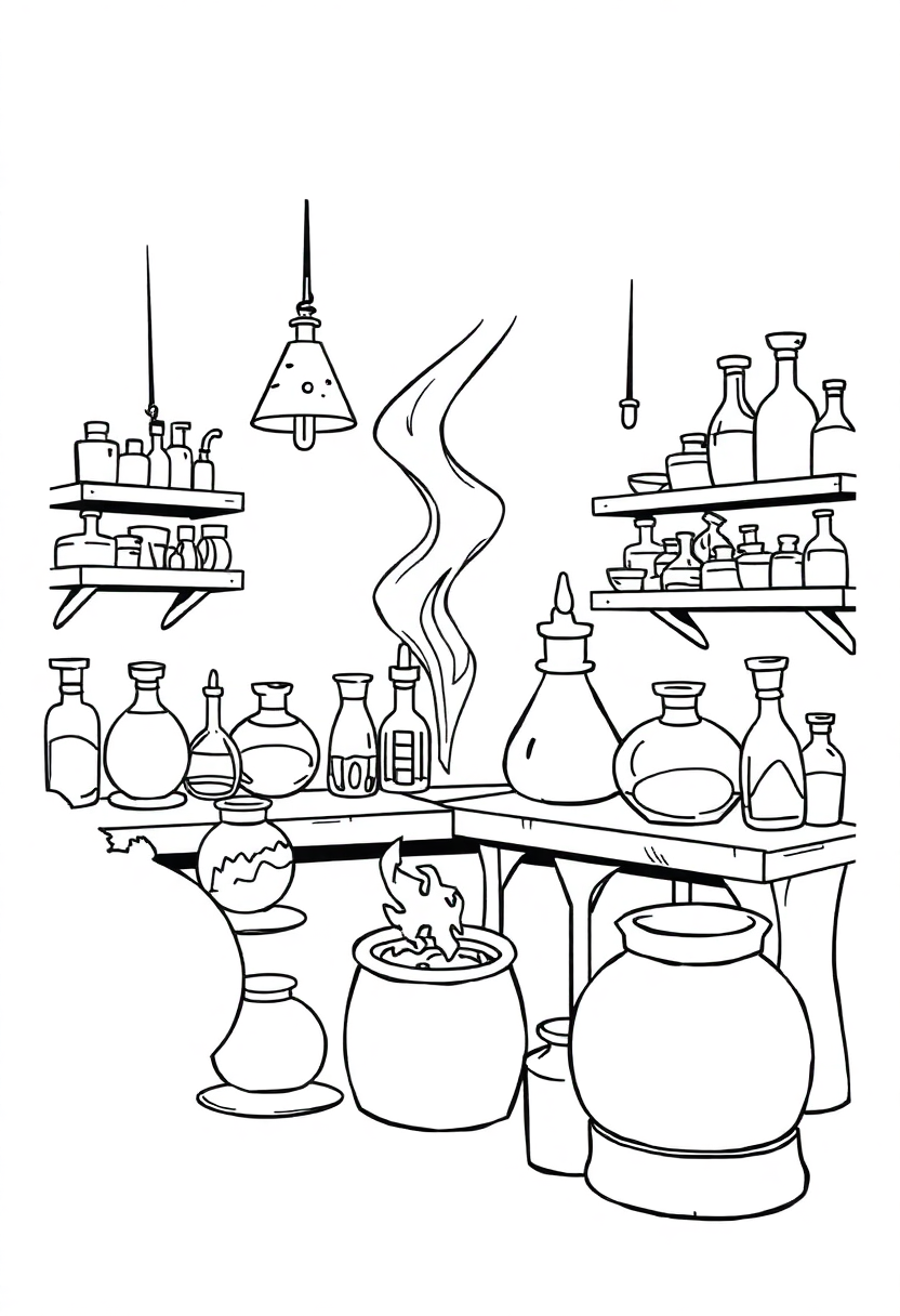 Alchemy Laboratory Scene coloring page for kids