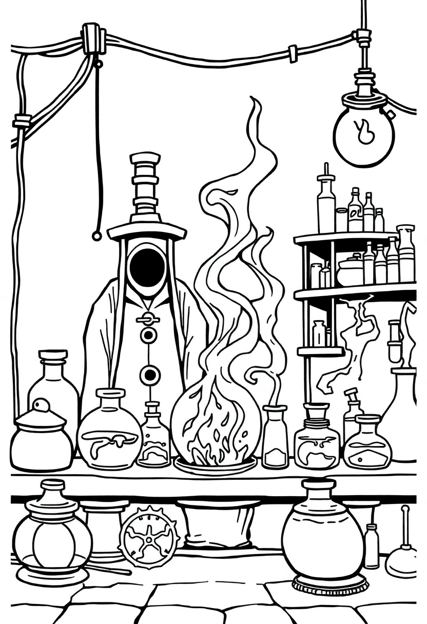 Alchemy Laboratory Scene coloring page for kids
