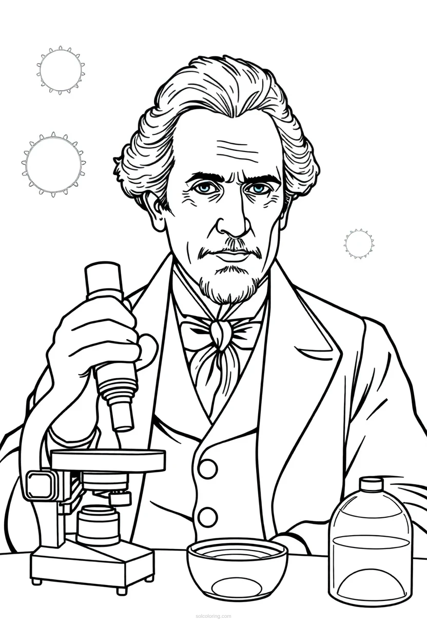 Alexander Fleming with Microscope and Petri Dishes coloring page for kids