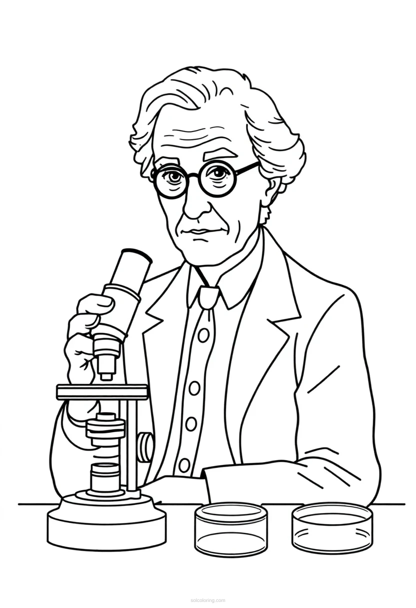 Alexander Fleming with Microscope and Petri Dishes coloring page for kids