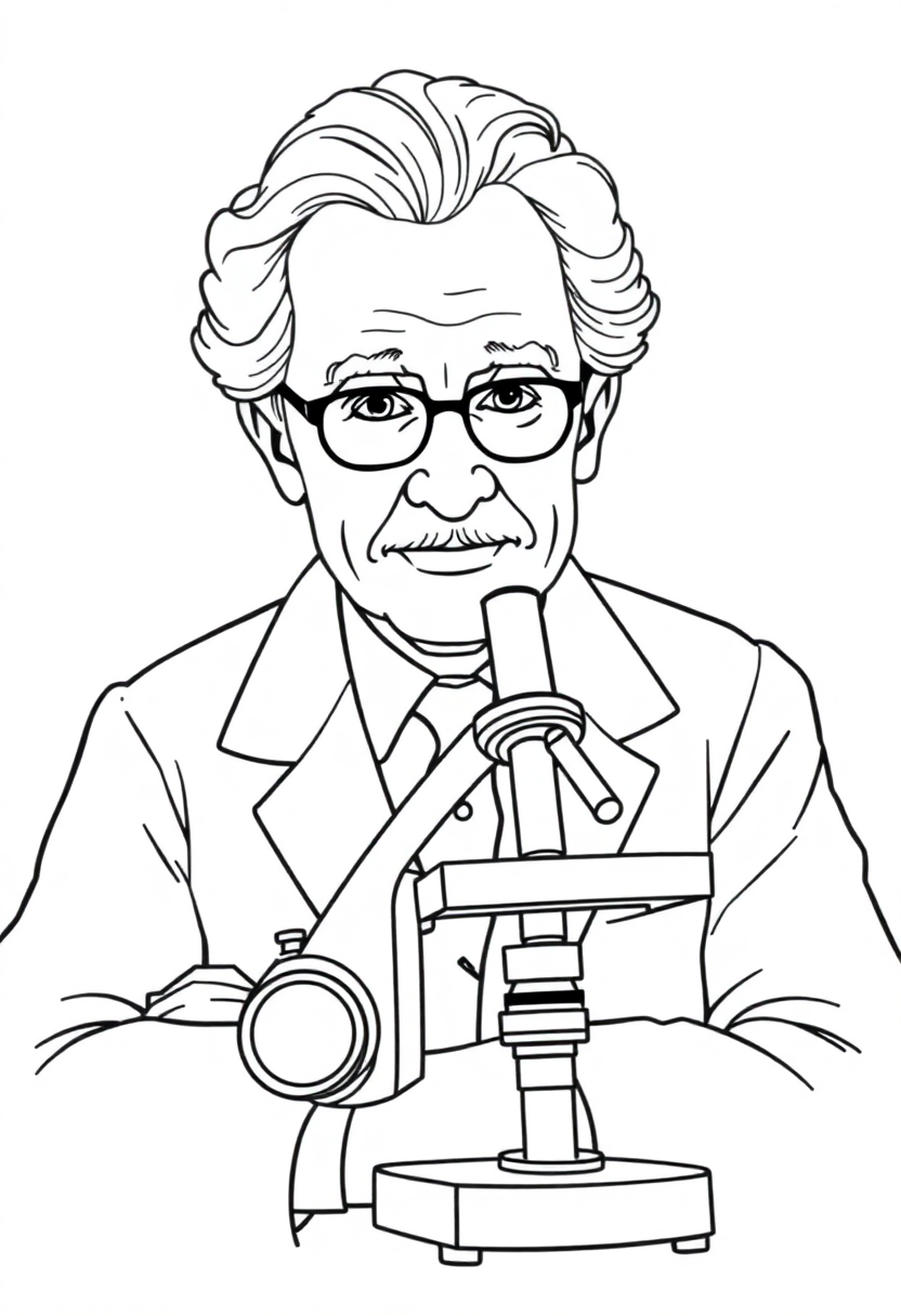 Alexander Fleming with Microscope coloring page, free printable