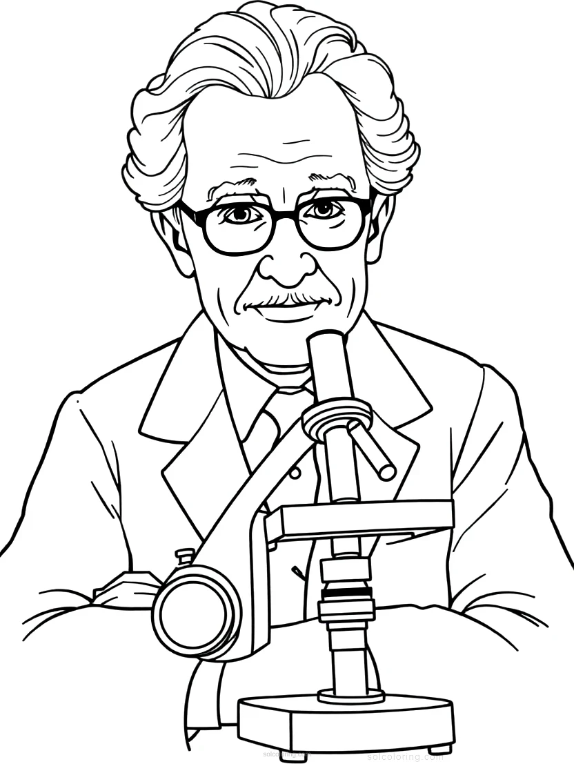 Alexander Fleming with Microscope coloring page for kids