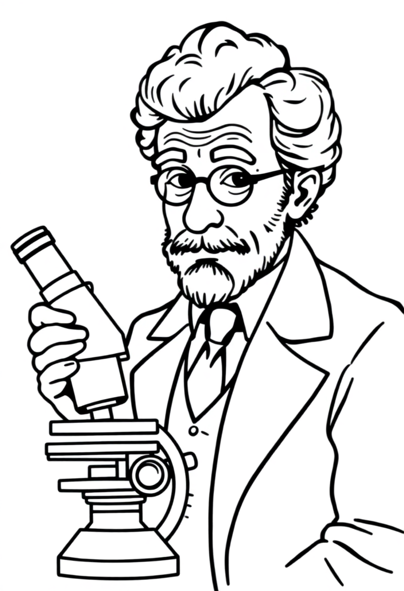 Alexander Fleming with Microscope coloring page, free printable