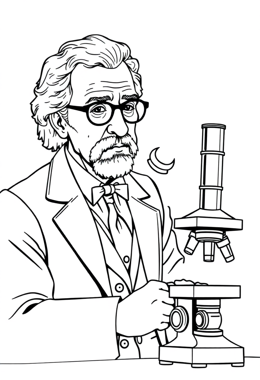 Alexander Fleming with Microscope coloring page, free printable