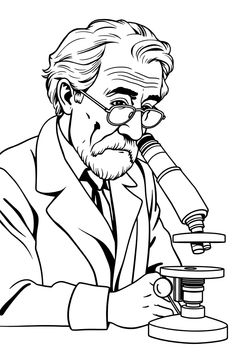 Alexander Fleming with Microscope coloring page, free printable