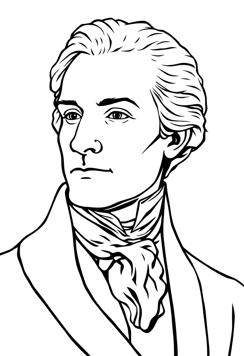 Alexander Hamilton portrait coloring page with mandala border design and bold outlines for printing