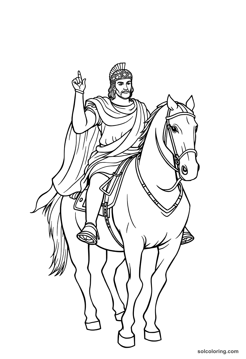 Alexander the Great on Horseback coloring page, free printable detailed style