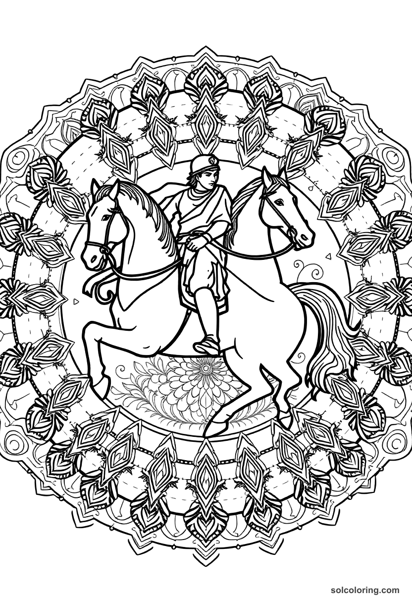 Mandala Alexander the Great on Horseback coloring page, free printable mandala style