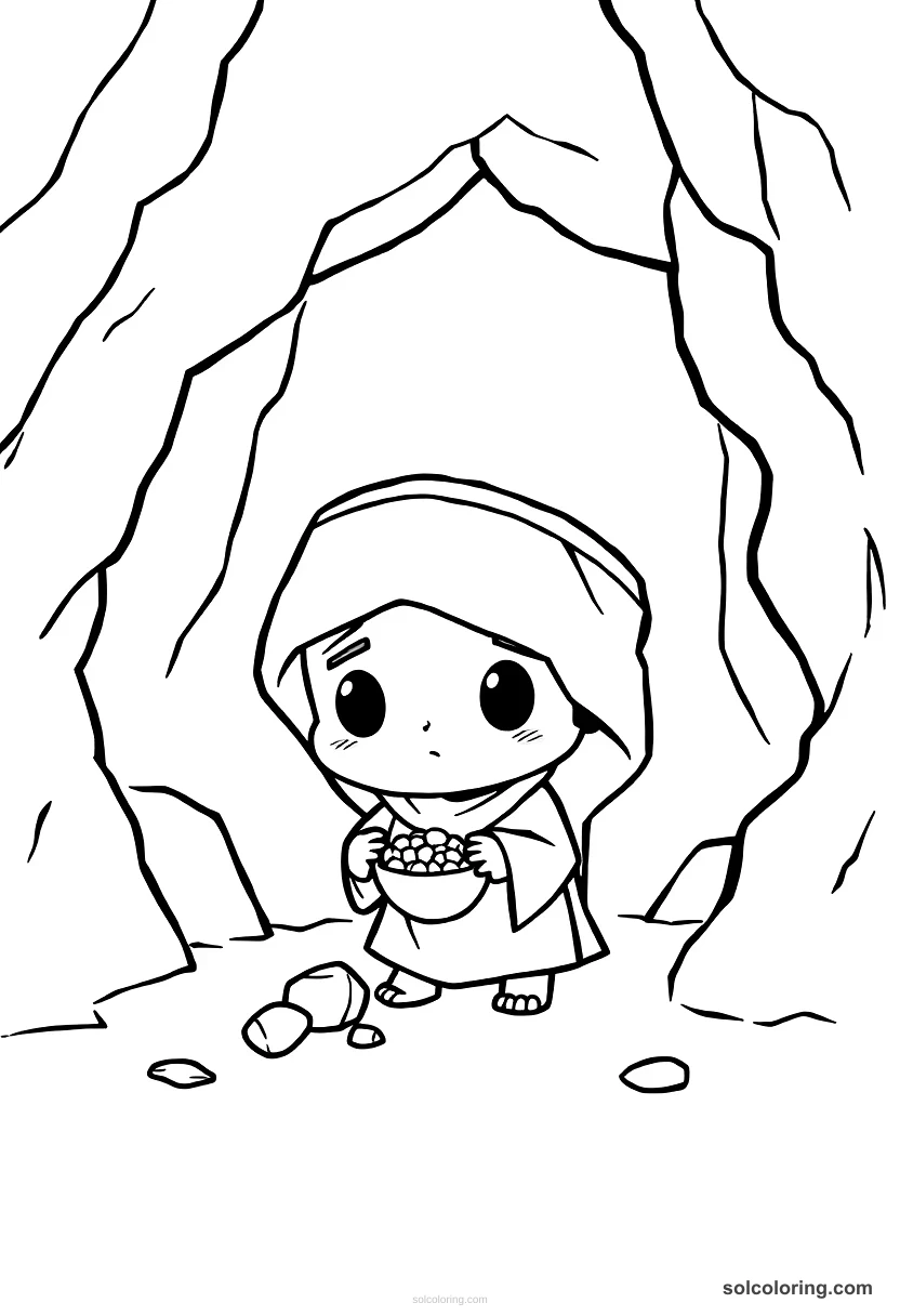 Chibi Ali Baba discovering the cave of treasure chibi coloring page for kids