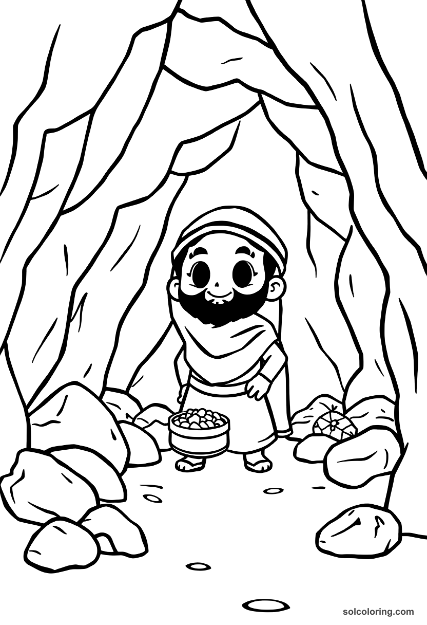 Cute Cartoon Ali Baba discovering the cave of treasure coloring page, free printable cute cartoon style