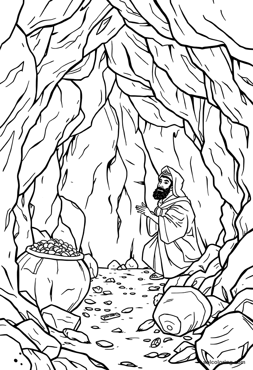 Ali Baba discovering the cave of treasure coloring page, free printable detailed style