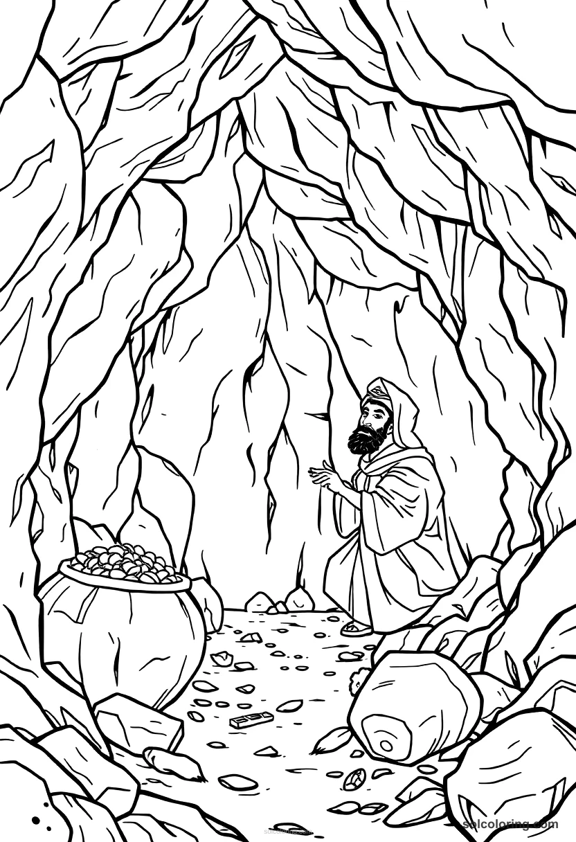 Ali Baba discovering the cave of treasure detailed coloring page for kids