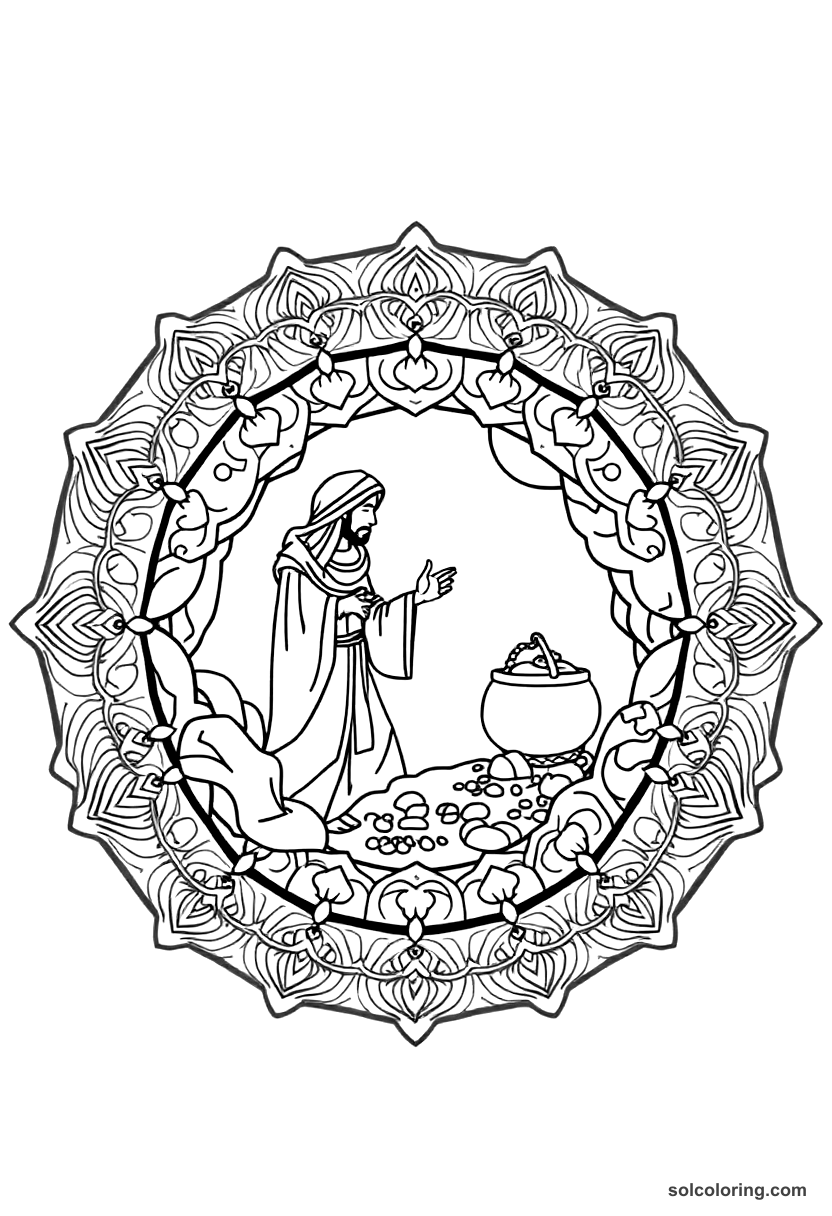 Mandala Ali Baba discovering the cave of treasure coloring page, free printable mandala style