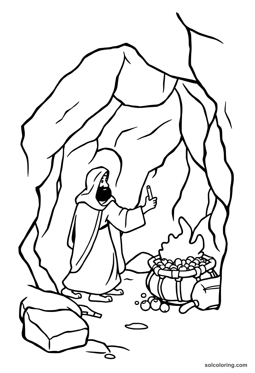 Simple Ali Baba discovering the cave of treasure coloring page, free printable simple style