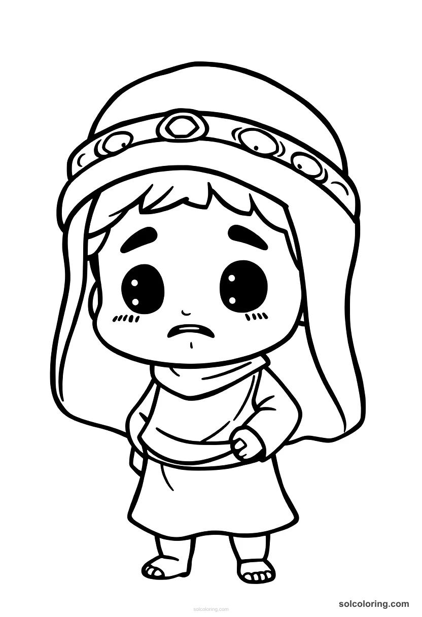 Chibi Ali Baba speaking the magic words Open Sesame chibi coloring page for kids