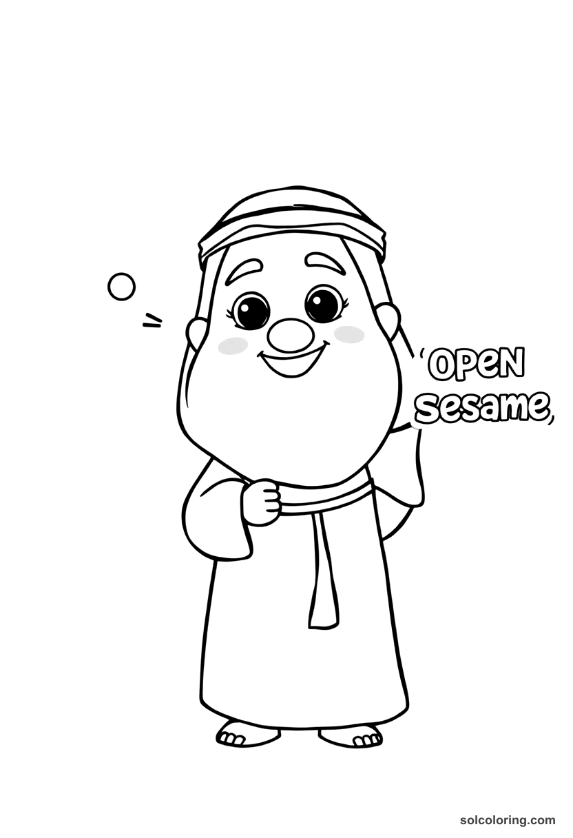 Cute Cartoon Ali Baba speaking the magic words Open Sesame coloring page, free printable cute cartoon style