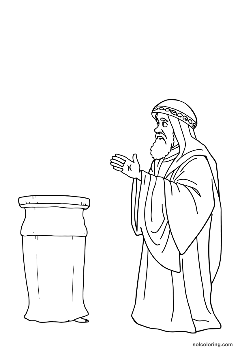 Ali Baba speaking the magic words Open Sesame coloring page, free printable detailed style