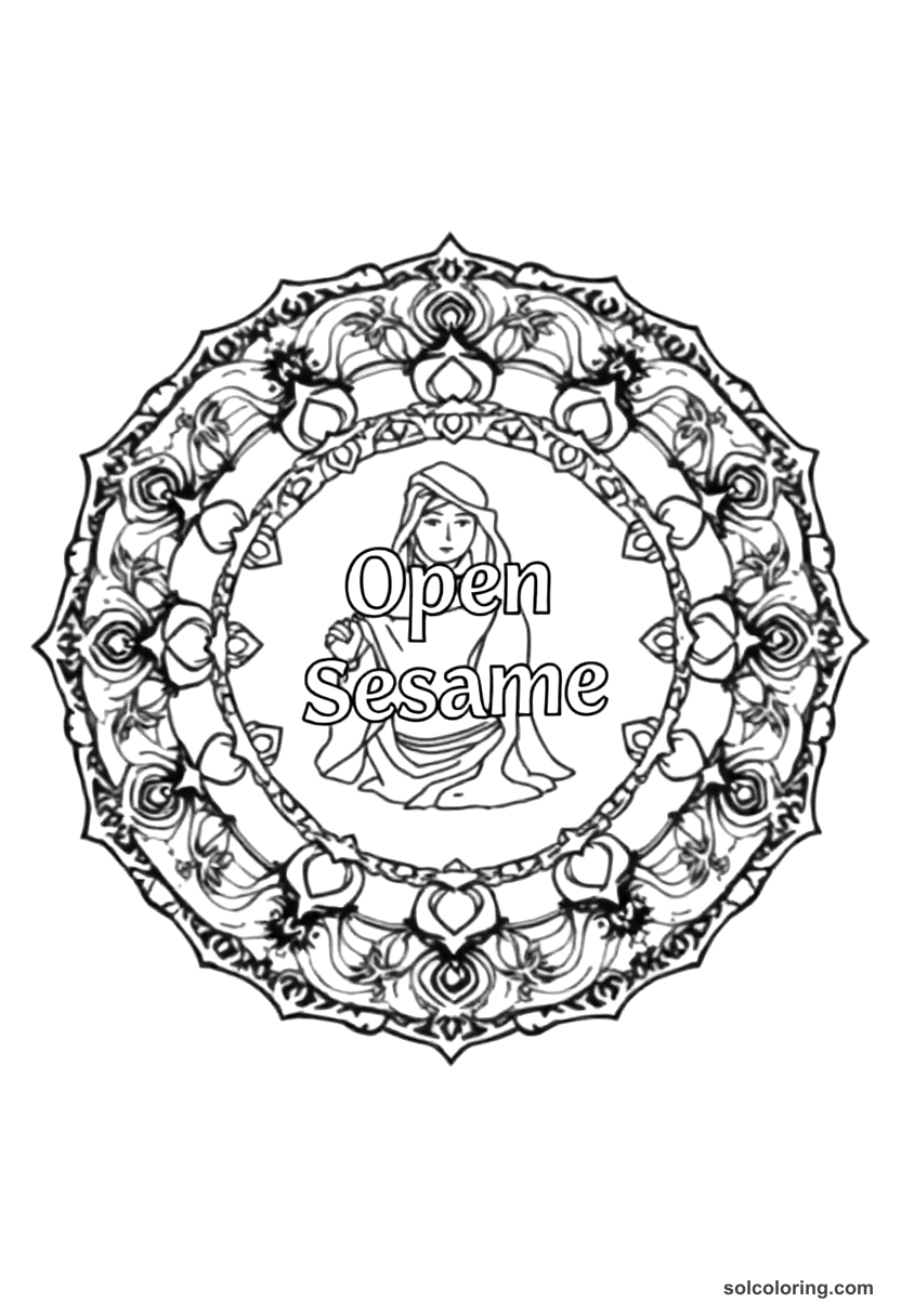 Mandala Ali Baba speaking the magic words Open Sesame coloring page, free printable mandala style