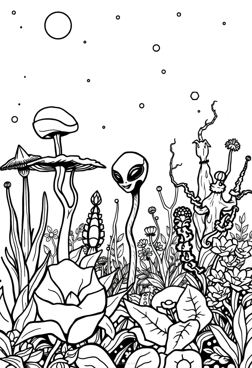 Alien Garden with Strange Plants coloring page for kids