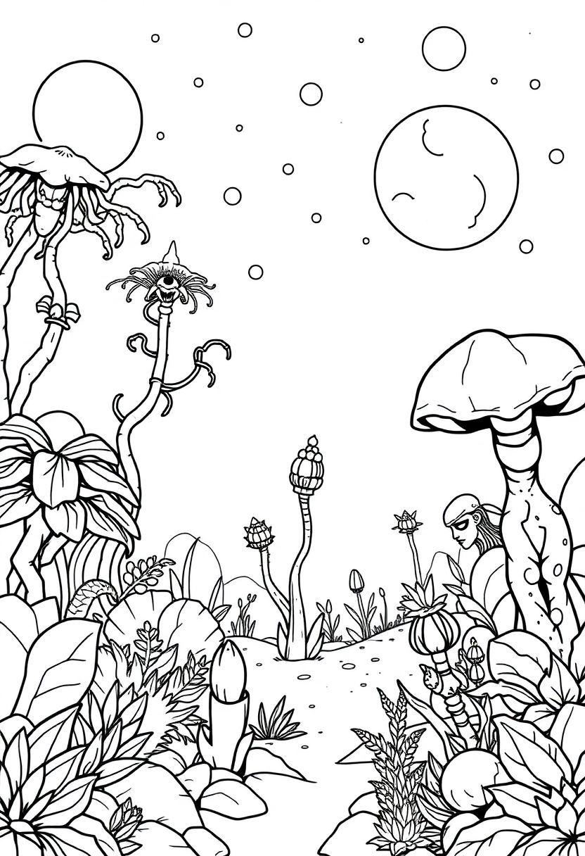 Alien Garden with Strange Plants coloring page, free printable