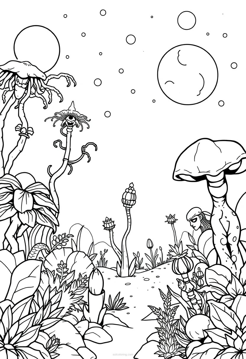 Alien Garden with Strange Plants coloring page for kids