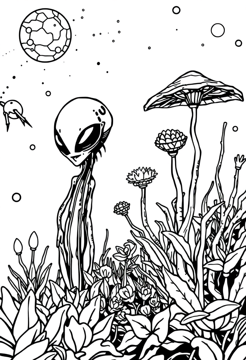 Alien Garden with Strange Plants coloring page, free printable
