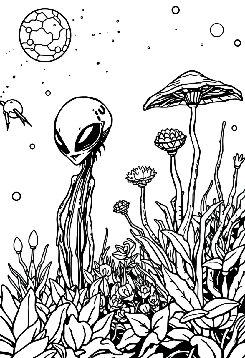 Alien Garden with Strange Plants coloring page for kids