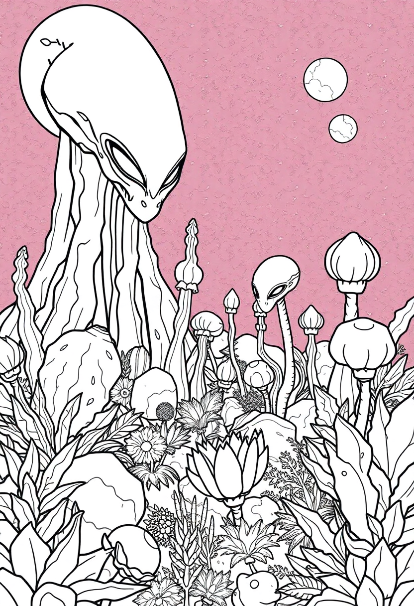 Alien Garden with Strange Plants coloring page, free printable
