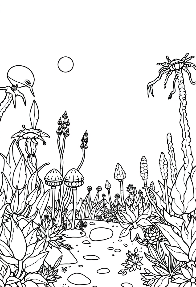 Alien Garden With Strange Plants coloring pages