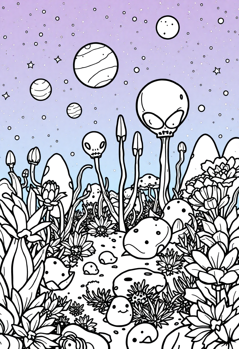 Alien Garden with Strange Plants coloring page, free printable