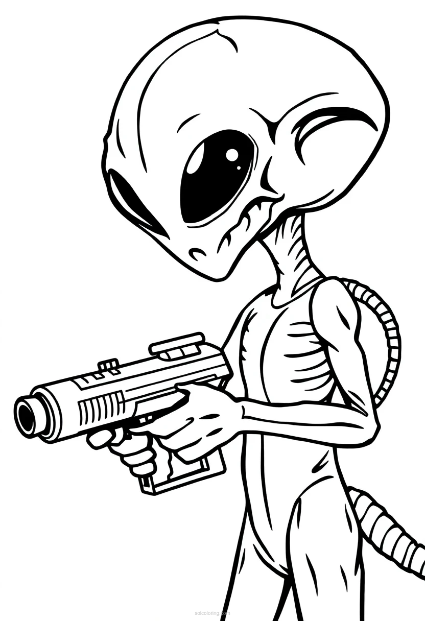 Alien Invader with Ray Gun coloring page for kids