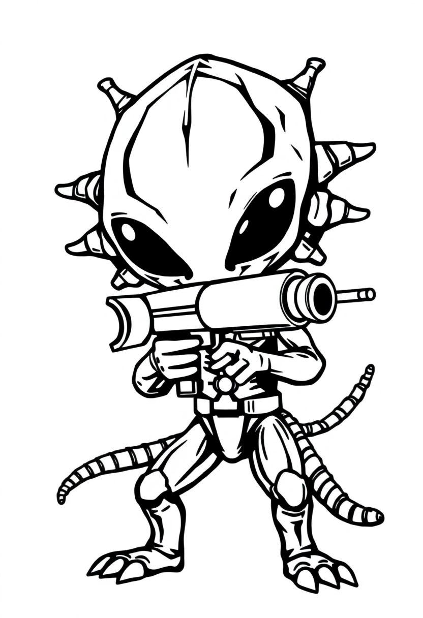 Alien Invader with Ray Gun coloring page, free printable