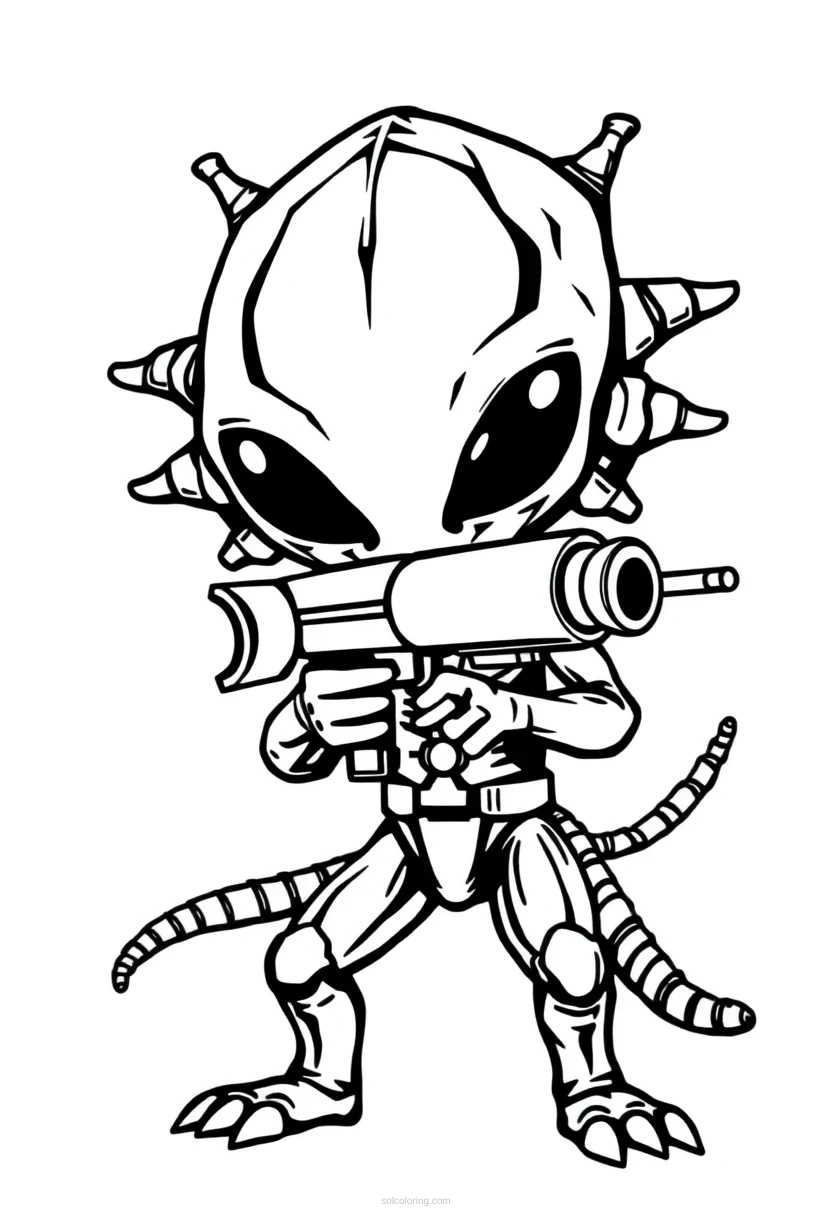 Alien Invader with Ray Gun coloring page for kids