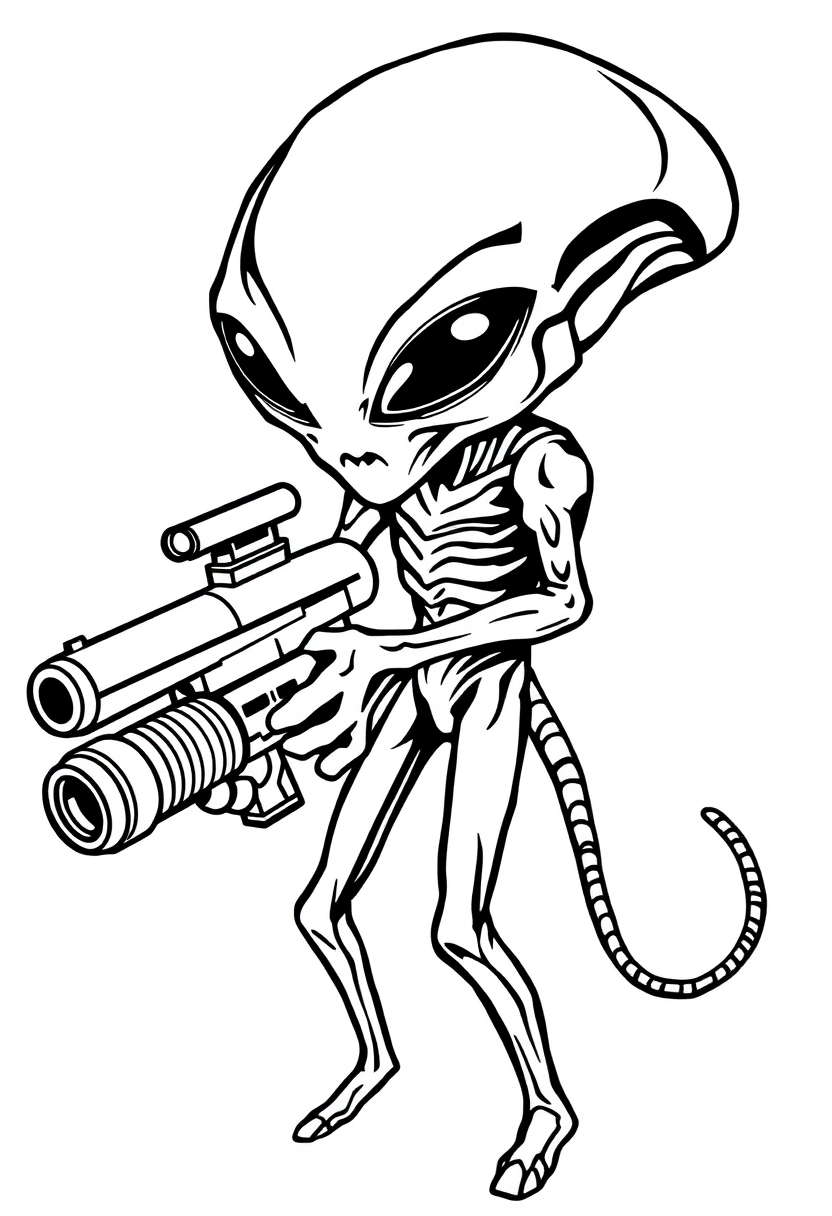Alien Invader with Ray Gun coloring page, free printable