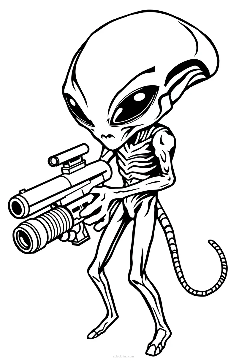 Alien Invader with Ray Gun coloring page for kids