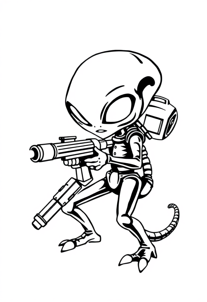 Alien Invader with Ray Gun coloring page, free printable