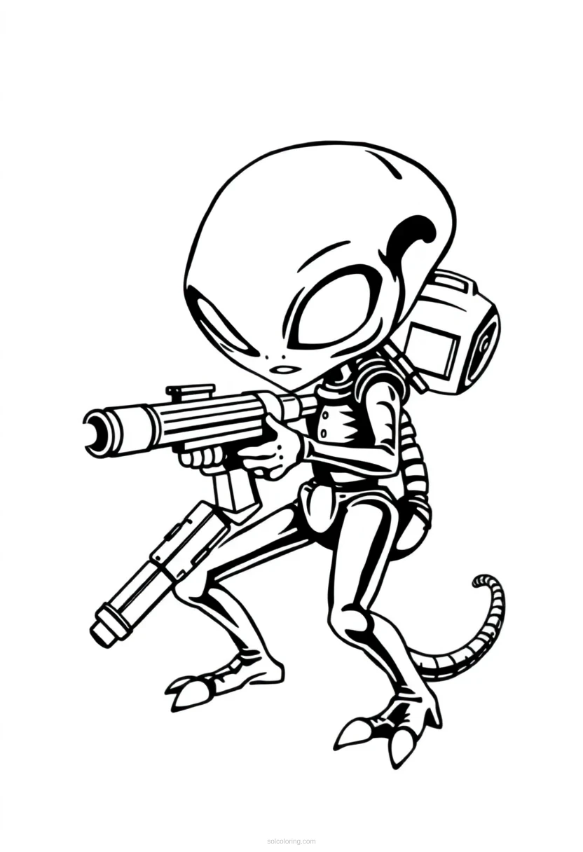 Alien Invader with Ray Gun coloring page for kids