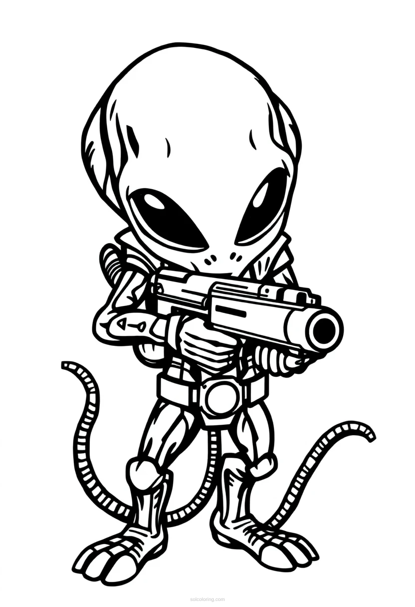Alien Invader With Ray Gun coloring page for kids