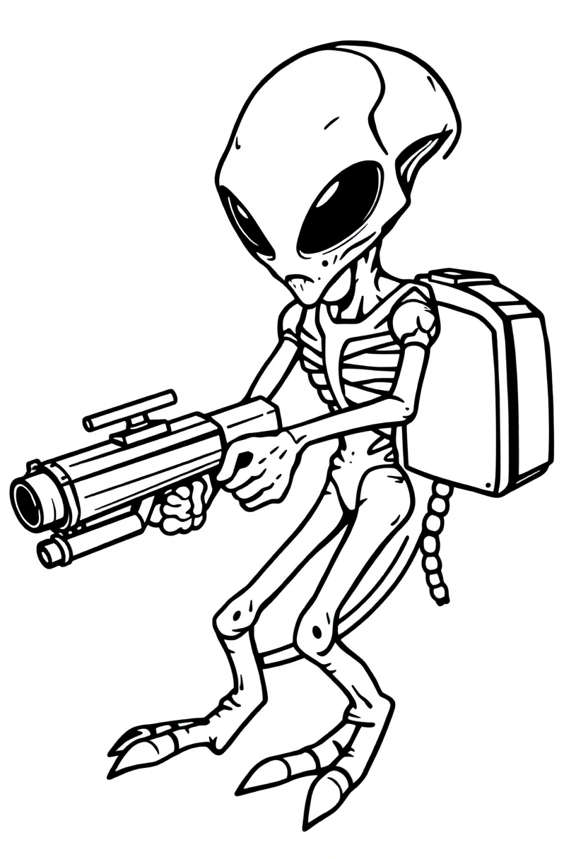 Alien Invader with Ray Gun coloring page, free printable